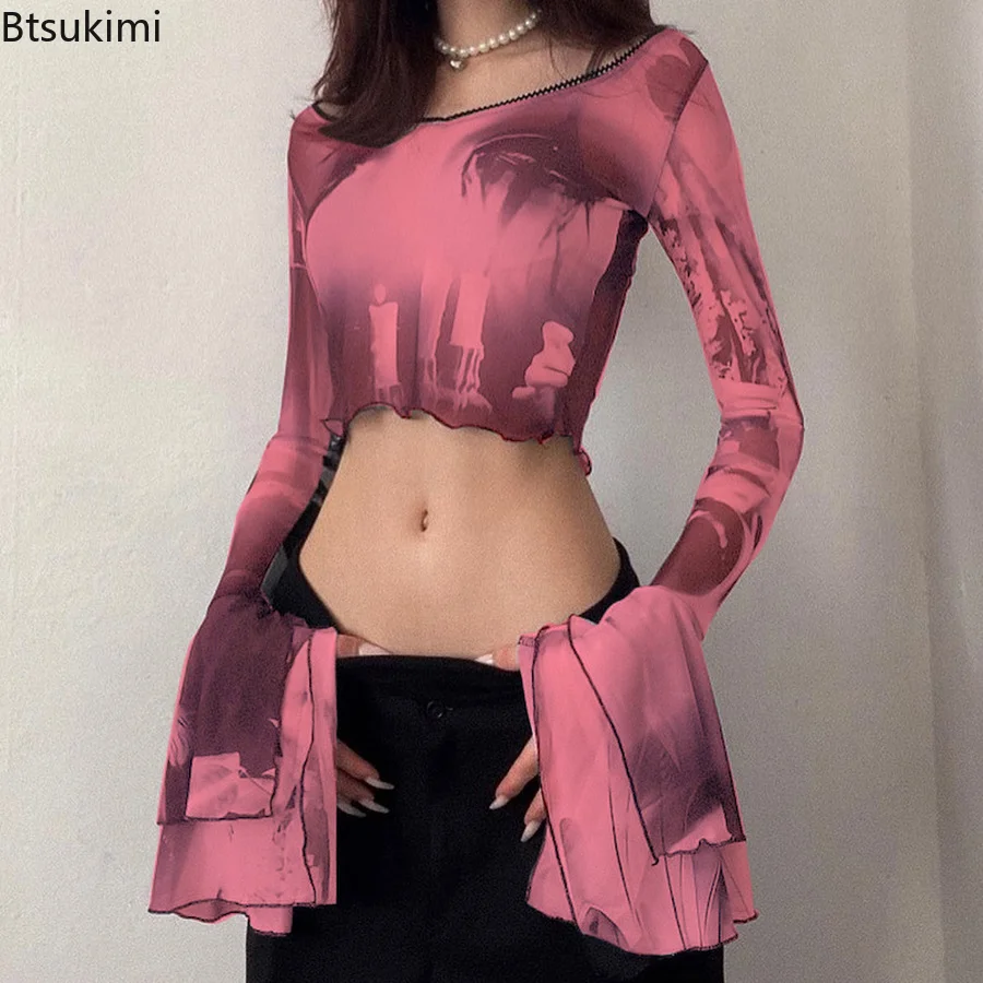 New Sexy Women Tie Dye Printed T-shirt Long Flare Sleeve Fashion Crop Top Mesh See Through Elegant Pullover Vintage Shirts Woman
New Sexy Women Tie Dye Printed T-shirt Long Flare Sleeve Fashion Crop Top Mesh See Through Elegant Pullover Vintage Shirts Woman