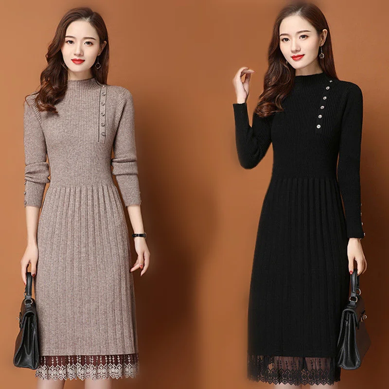 Lace Hem Buttons Women Autumn Winter Sweater Knitted a line Dresses Ribbed Slim Elastic Long Sleeve Lady Bodycon Midi Dresses
Lace Hem Buttons Women Autumn Winter Sweater Knitted a line Dresses Ribbed Slim Elastic Long Sleeve Lady Bodycon Midi Dresses