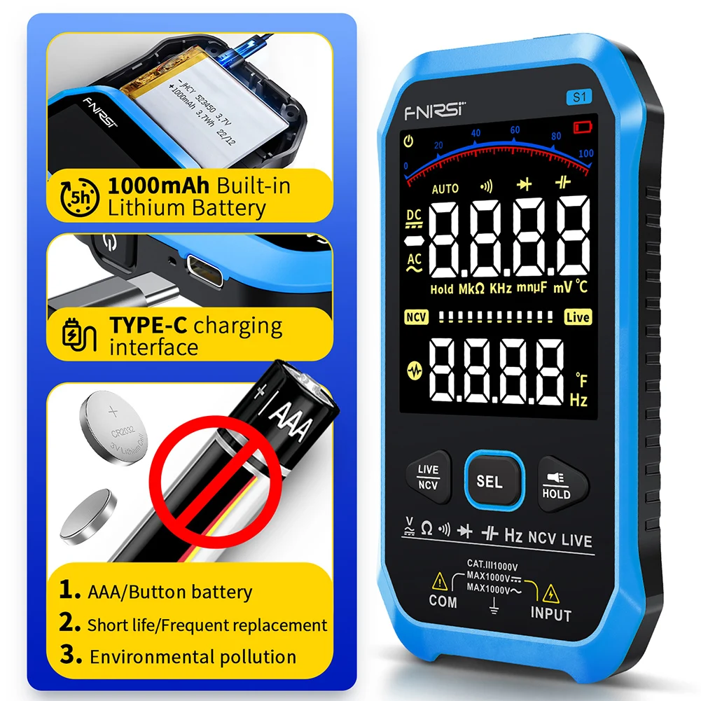 New Smart Digital Multimeter 9999counts AC DC Voltage Resistance Capacitance Diode NCV Hz Live Wire Color Display Tester
New Smart Digital Multimeter 9999counts AC DC Voltage Resistance Capacitance Diode NCV Hz Live Wire Color Display Tester