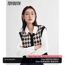 Toyouth Women Fake Two Piece Shirts 2023 Spring Long Sleeve Polo Neck Loose Blouse Diamond Check Preppy Style Casual Chic Tops