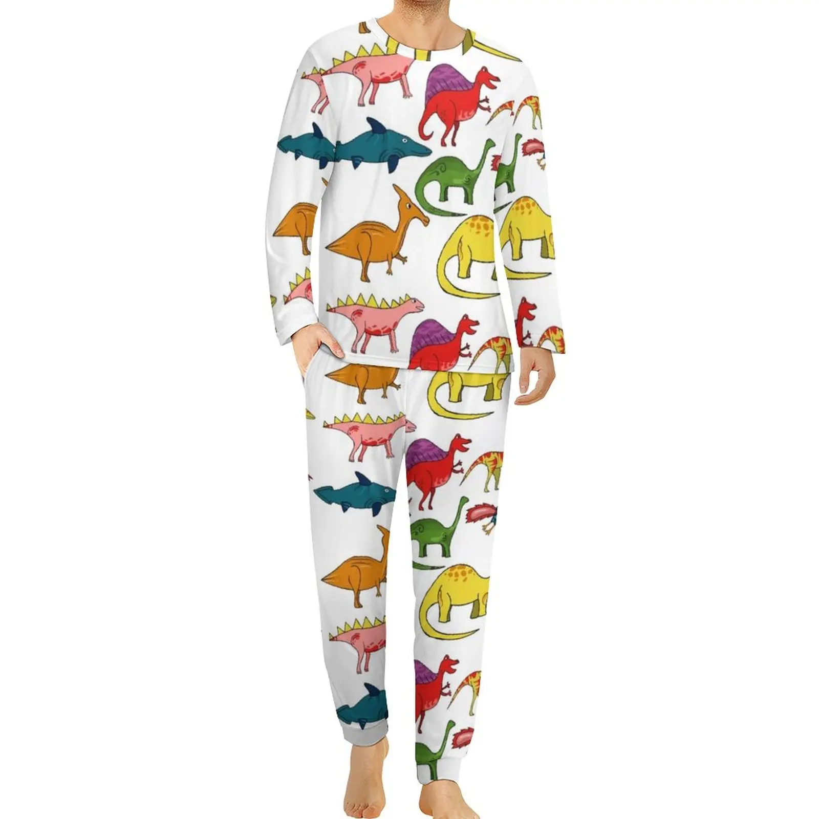 

Cartoon Dinosaurs Pajamas Spring Dinosaur Collection Casual Nightwear Mens 2 Piece Design Long Sleeve Retro Oversize Pajama Sets