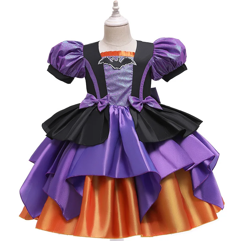 

Pumpkin Halloween Dress Kids Girls Fancy Cosplay Bat Print Witch Costume Festival Party Ball Gown Children Princess Dress