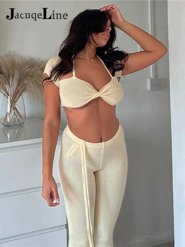 Jacqueline 2022 Ribbed Flared Pants Sets Women Outfits Summer And Halter Crop Top Sexy Tracksuit Casual y2k Party 2 Piece Set
Jacqueline 2022 Ribbed Flared Pants Sets Women Outfits Summer And Halter Crop Top Sexy Tracksuit Casual y2k Party 2 Piece Set