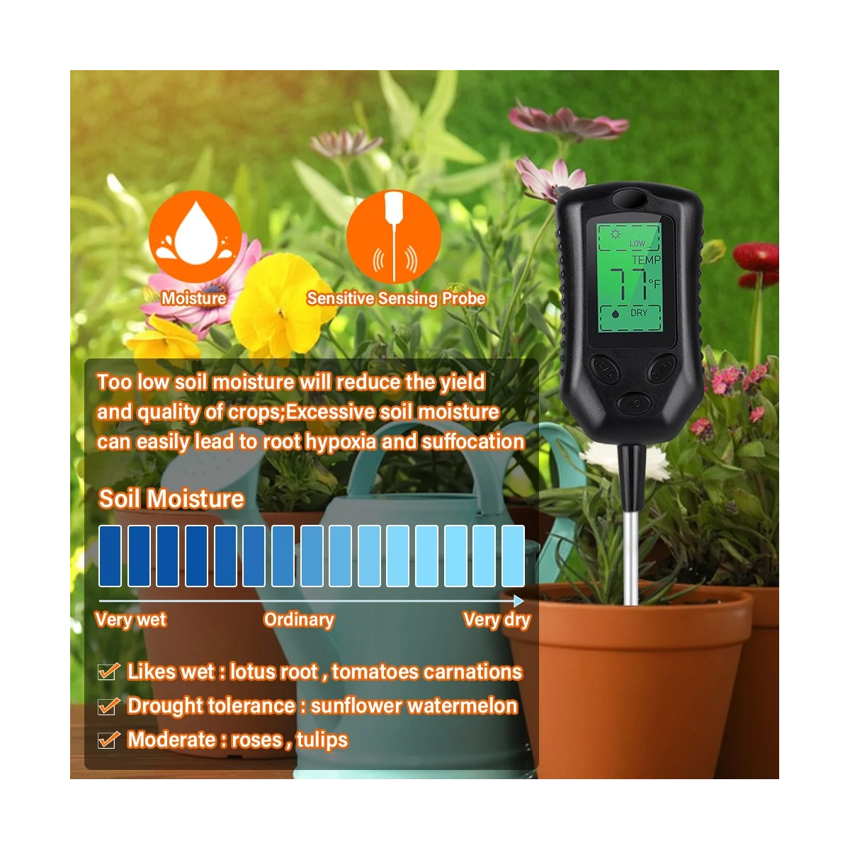 

4 In-1 Soil PH Meter Moisture Monitor Temperature Sunlight Tester Digital Backlight for Gardening Plants Farming