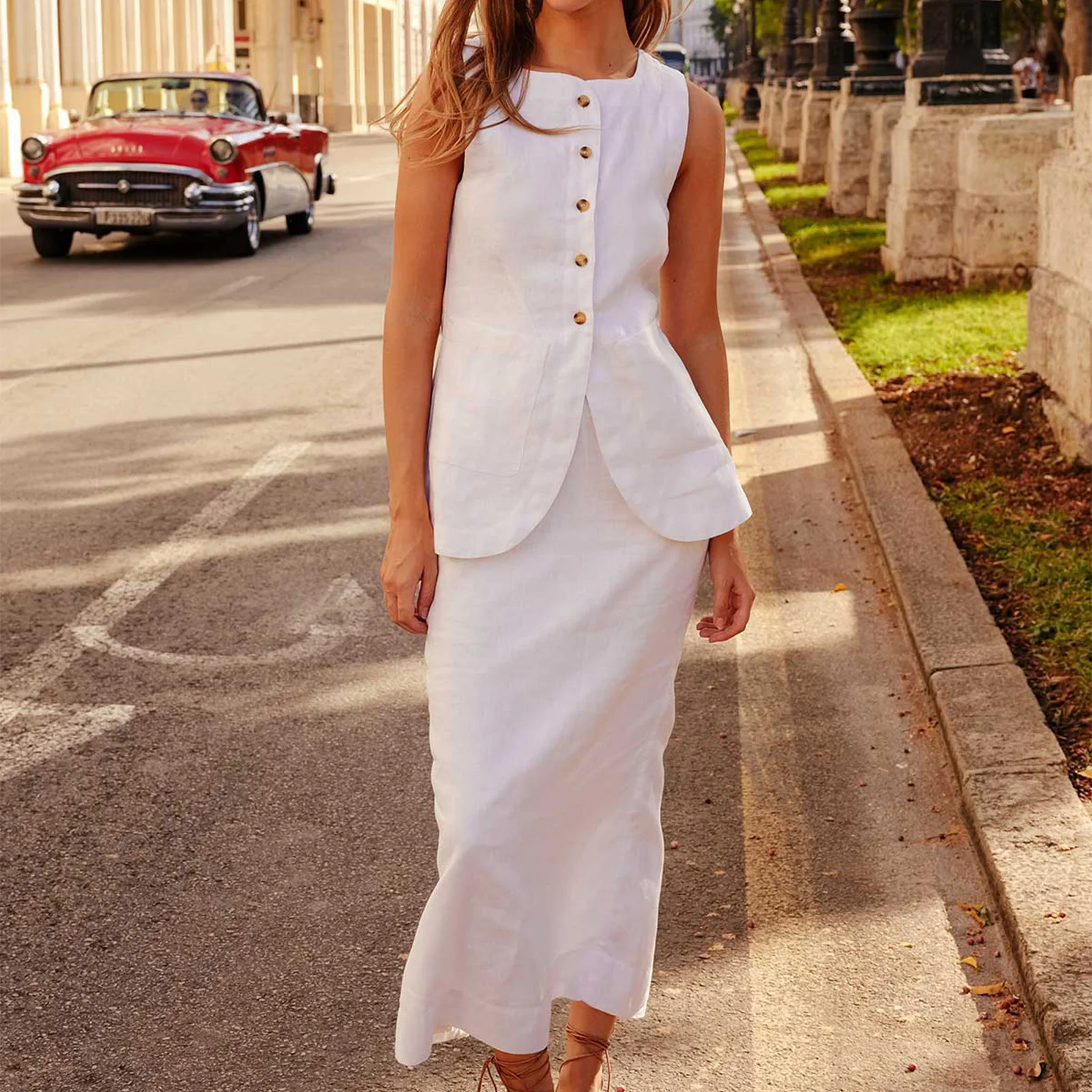 Solid Causal 2 Piece Skirt Set Sleeveless Single Breasted Vest Top +Elastic Waist Long Skirt Outfits Fashion Women's Outfits
Solid Causal 2 Piece Skirt Set Sleeveless Single Breasted Vest Top +Elastic Waist Long Skirt Outfits Fashion Women's Outfits