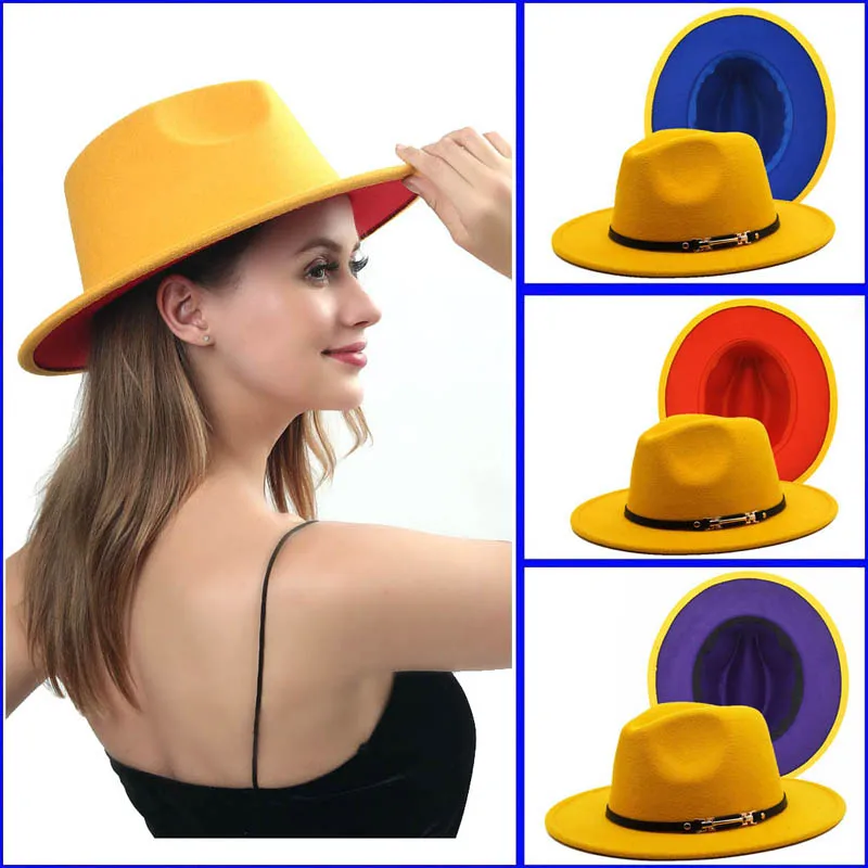 

Желтая фетровая шляпа, женские и мужские фетровые шляпы из искусственной шерсти, теплые фетровые шляпы с поясом, джазовая шляпа, женская шап...