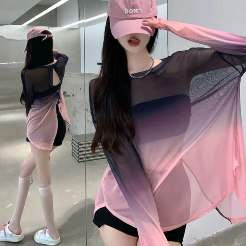 Jmprs Sexy Backless Women Mesh T Shirt Fashion Gradient Hollow Sun Proof Tees Summer Loose Gothic Long Sleeve Female Tops
Jmprs Sexy Backless Women Mesh T Shirt Fashion Gradient Hollow Sun Proof Tees Summer Loose Gothic Long Sleeve Female Tops