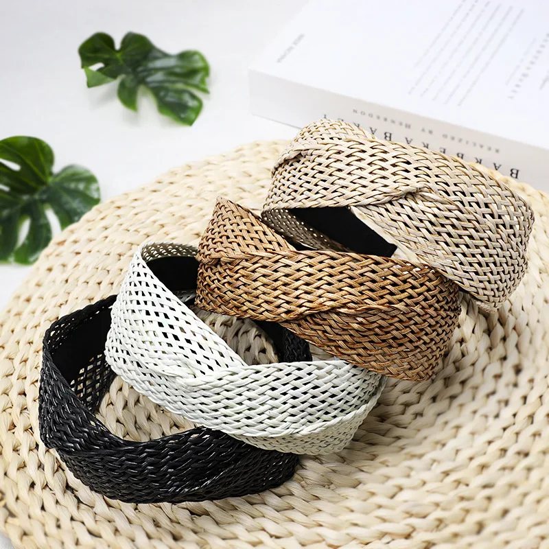 

1PC Straw Weaving Cross Knotted Headband Women Girls Handmade Hair Hoop Hand-woven Wide Head Band Lady Braided Hair Accessories