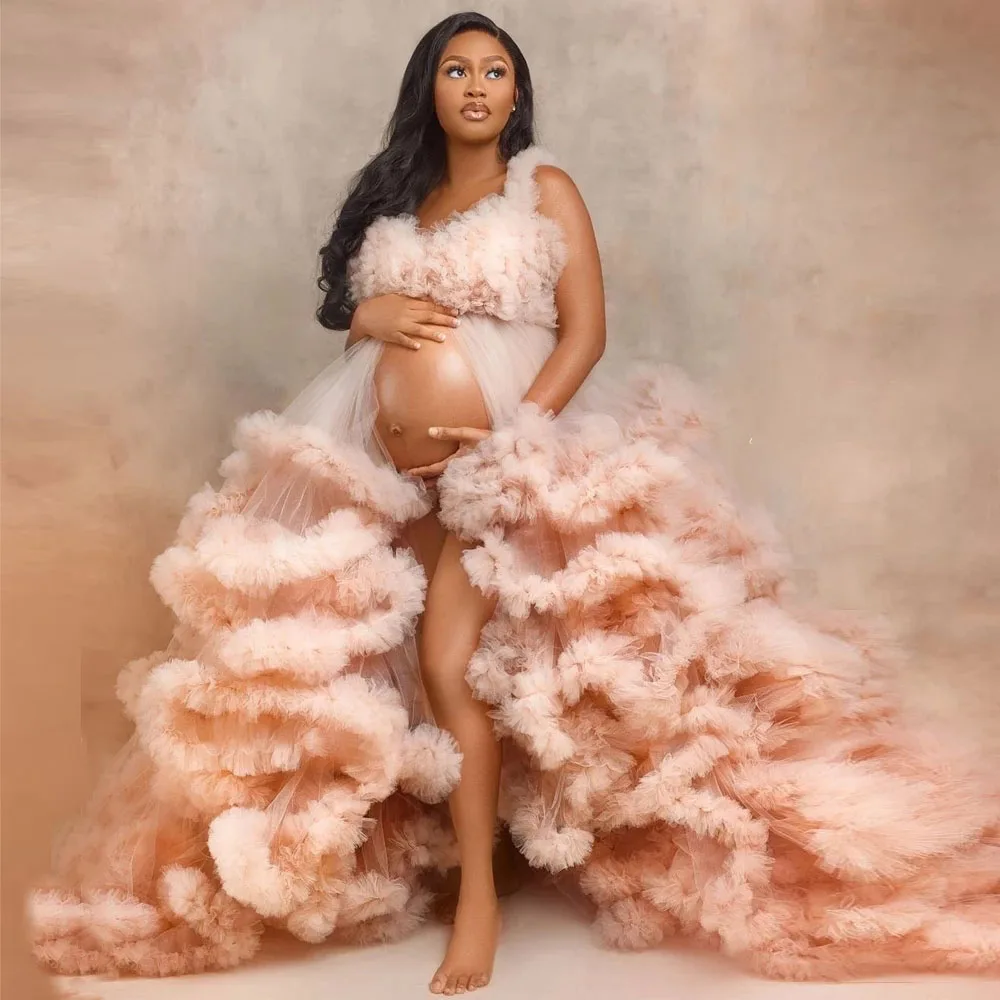 

Pink Tulle Pregnancy Maternity Prom Dresses Fluffy Photoshoot Dress Custom Made Layered Ruffles Celebrity Party Gown