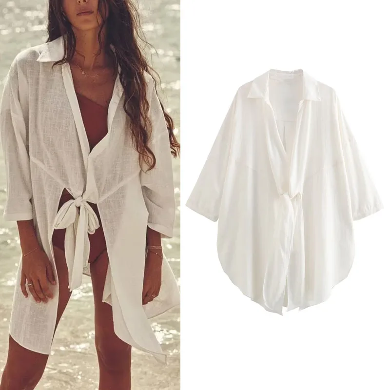 

TRAF White Longline Knotted Blouse Woman Beach Style V-Neck Lapel Collar Long Sleeves Shirts Asymmetric Hem Tops Casual Design