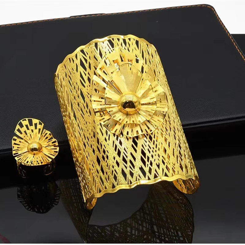 

dubai gold bracelet for women Bridal Bracelet Ring Set Ethnic Style Gold Plated Opening Copper Bracelet Jewelry Wholesale