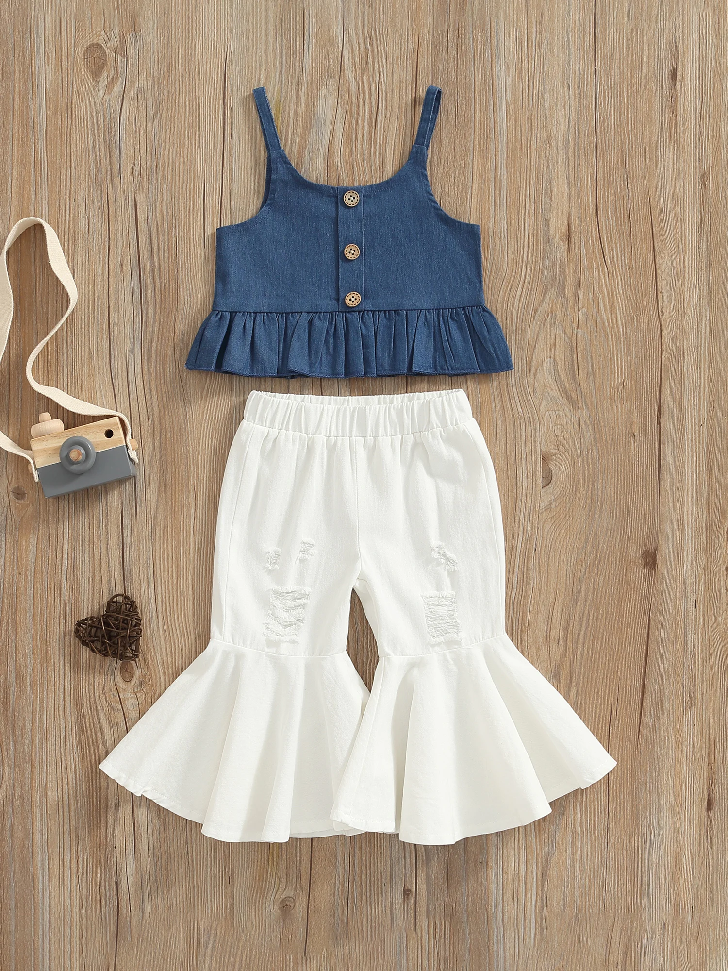 

1-6T Girls Two-piece Summer Clothes Set Blue U-neck Peplum Camisole and White Ripped Flared Trousers