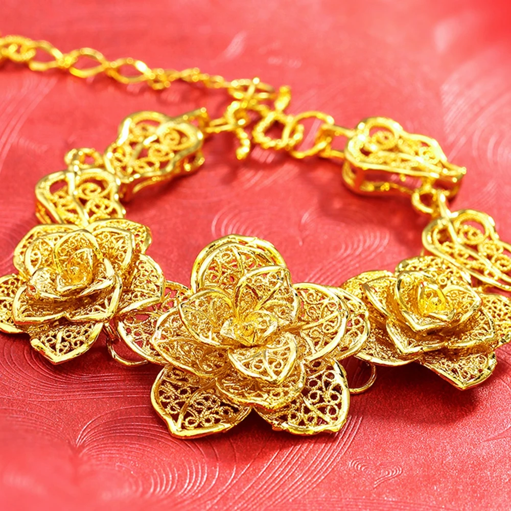 

Elegant Flower Women Bracelet Filigree Wrist Chain Link 18k Yellow Gold Filled Wedding Party Girlfriend Gift