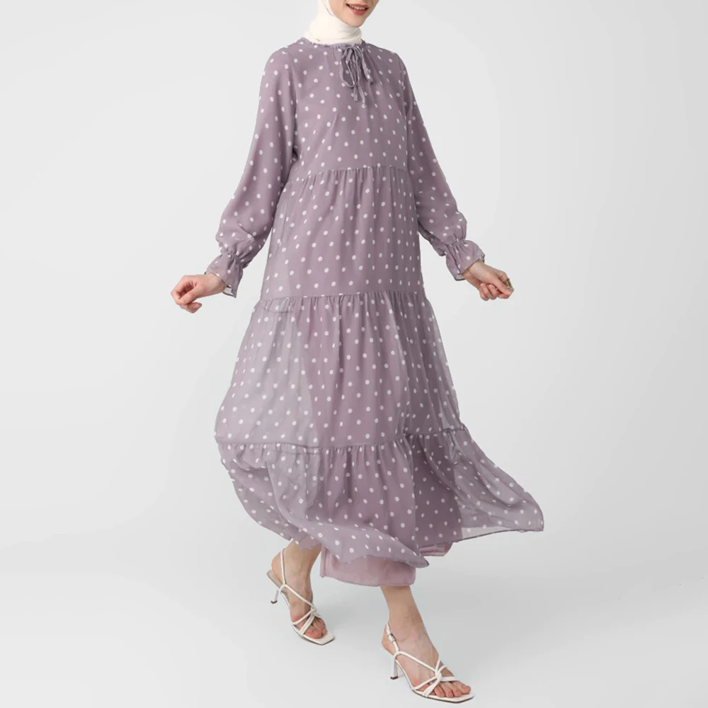 Elegant Muslim Polka Dot Dresses Micro Flare Sleeve O-collar Lacing Chiffon Long Robe Femme Gowns Vintage Patchwork Maxi Dress
Elegant Muslim Polka Dot Dresses Micro Flare Sleeve O-collar Lacing Chiffon Long Robe Femme Gowns Vintage Patchwork Maxi Dress