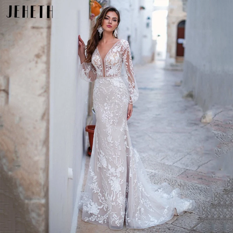 JEHETH Charming Mermaid Wedding Dress Sexy Backless V-neck Tulle Bridal Gown Classic Long Sleeve Lace Appliques vestido de novia
JEHETH Charming Mermaid Wedding Dress Sexy Backless V-neck Tulle Bridal Gown Classic Long Sleeve Lace Appliques vestido de novia