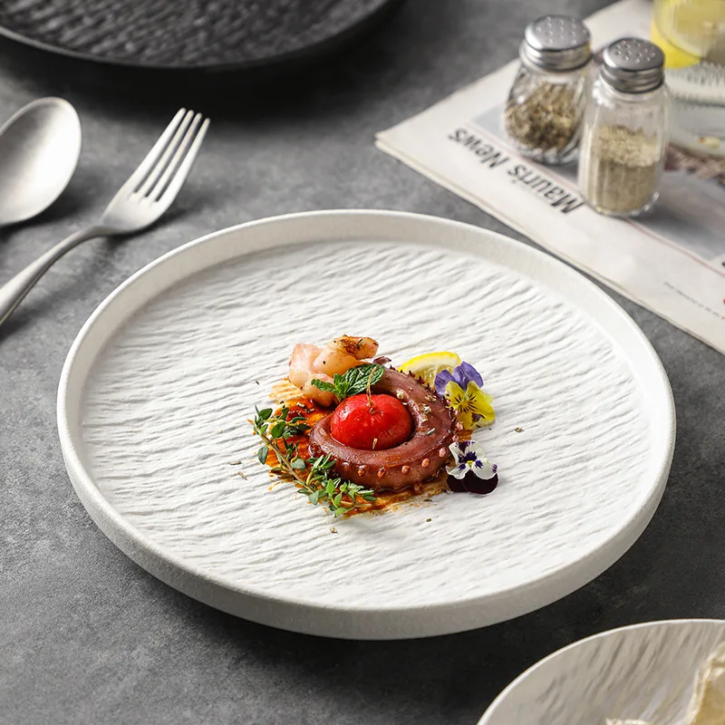 

Японская креативная черно-белая Бытовая тарелка для салата, тарелка с роскошным узором для западной еды, тарелка для стейка, посуда, керамические блюда