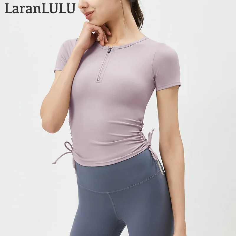 Summer Woman Short Sleeve Padded Zip Shirt Yoga Sports TShirt Drawstring Waist Fitness Workout Gym Running Tops Absorb Sweat Tee 
Summer Woman Short Sleeve Padded Zip Shirt Yoga Sports TShirt Drawstring Waist Fitness Workout Gym Running Tops Absorb Sweat Tee