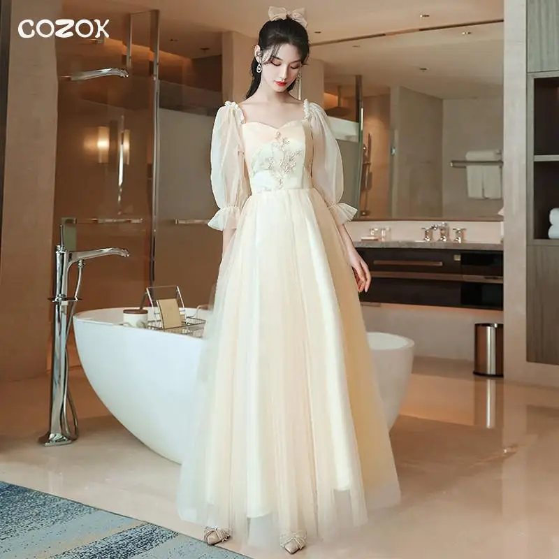 

COZOK Lady Champagne Pleated Wedding Party Dress Gown Mesh Puff Sleeve Cheongsam Sweetheart Neck Qipao Elegant Bandage Vestidos