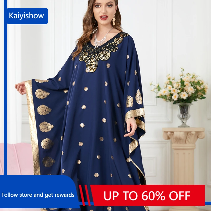 Muslim Middle East Clothing Blue Hot Stamping Printing Bat sleeve Loose Dress V Neck Casual Party Robe Abaya Kaftan Gowns 
Muslim Middle East Clothing Blue Hot Stamping Printing Bat sleeve Loose Dress V Neck Casual Party Robe Abaya Kaftan Gowns