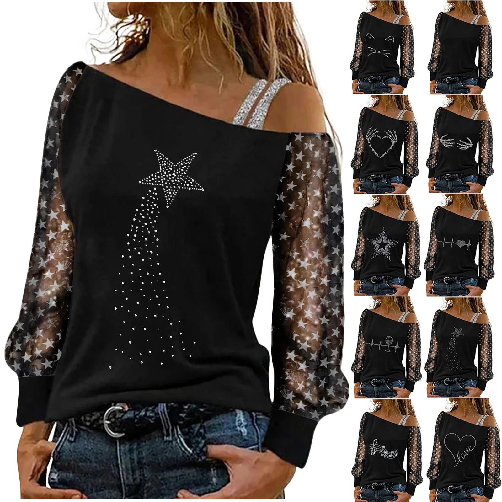 Fashion Sexy Printed T-shirt Women Long Sleeves Cat Print Off-the-shoulder Pullover Casual Loose Shiny Sequin Blouse Tunic Tops 
Fashion Sexy Printed T-shirt Women Long Sleeves Cat Print Off-the-shoulder Pullover Casual Loose Shiny Sequin Blouse Tunic Tops