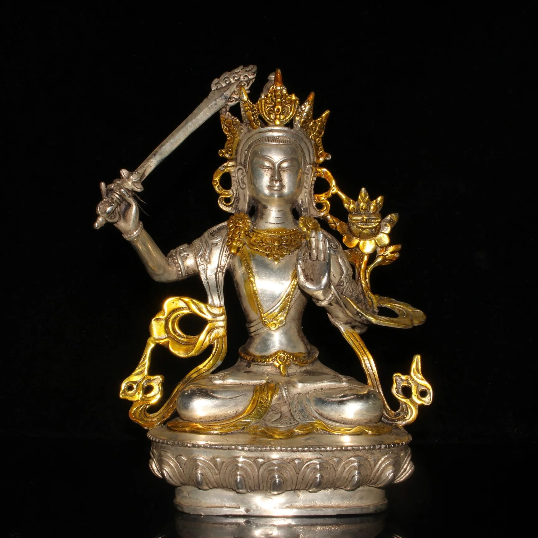 

Китайская старая тибетская латунная Позолоченная серебряная буддистская статуя Бодхисаттва манджури