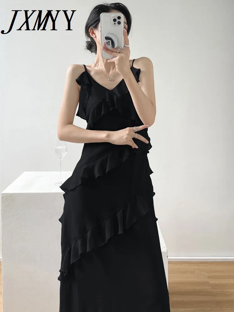 

JXMYY 2022 Модная элегантная темпераментная тонкая юбка с оборками на бретелях женское летнее длинное платье с V-образным вырезом
