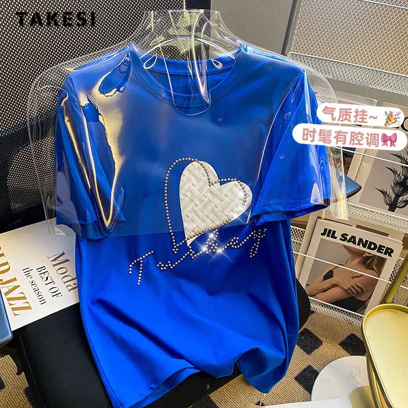 2023 Summer Korean Casual Heart Appliques Short Sleeve Round Neck T-Shirts Women's Fashion All-Match Loose Sweet Blue Tees Tops
2023 Summer Korean Casual Heart Appliques Short Sleeve Round Neck T-Shirts Women's Fashion All-Match Loose Sweet Blue Tees Tops