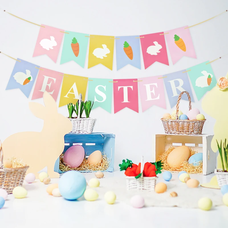

Easter Rabbit Paper Bunting Banner Decoration Cute Bunny Hanging Garland Flags for Spring Happy Easter Party Festival Home Decor