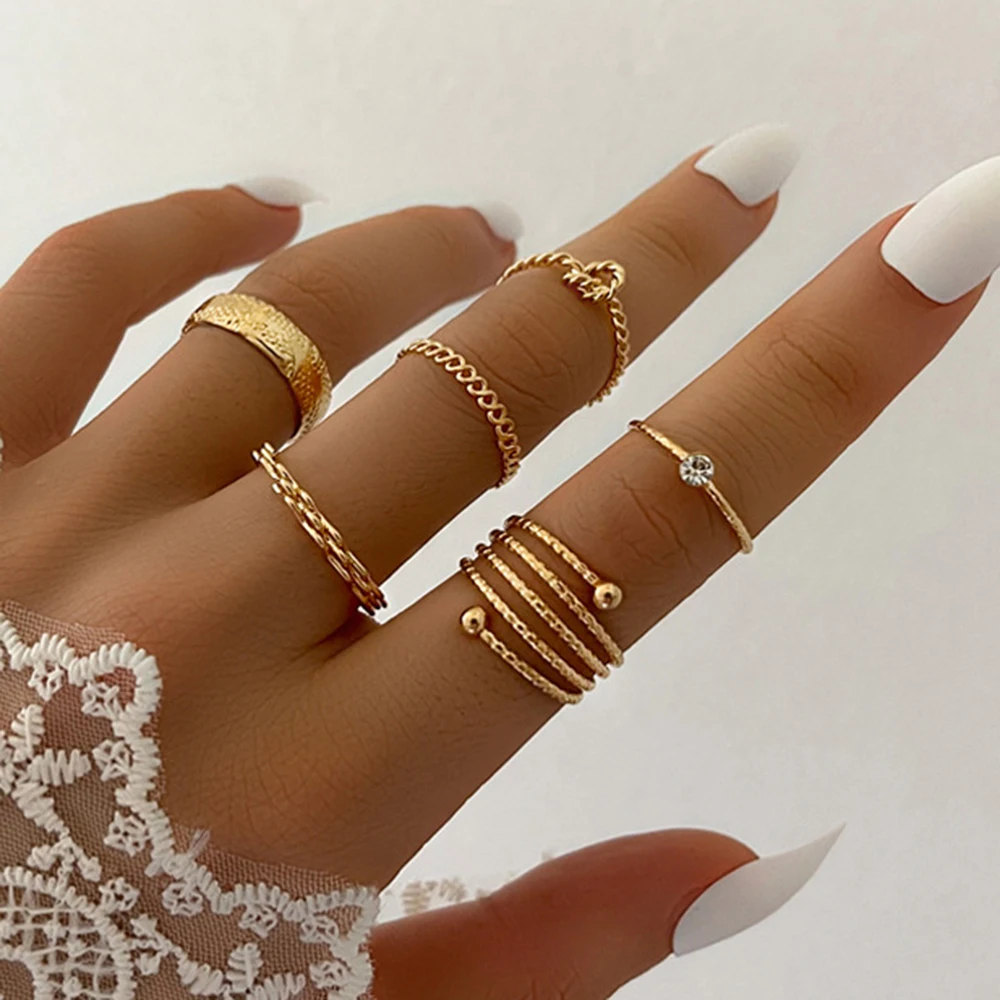 

6Pcs New 2022 Trend Jewelry Simple Irregular Spring Wave Knotted Fashion Joint Women's Ring Set Aesthetic Accessories Gothic