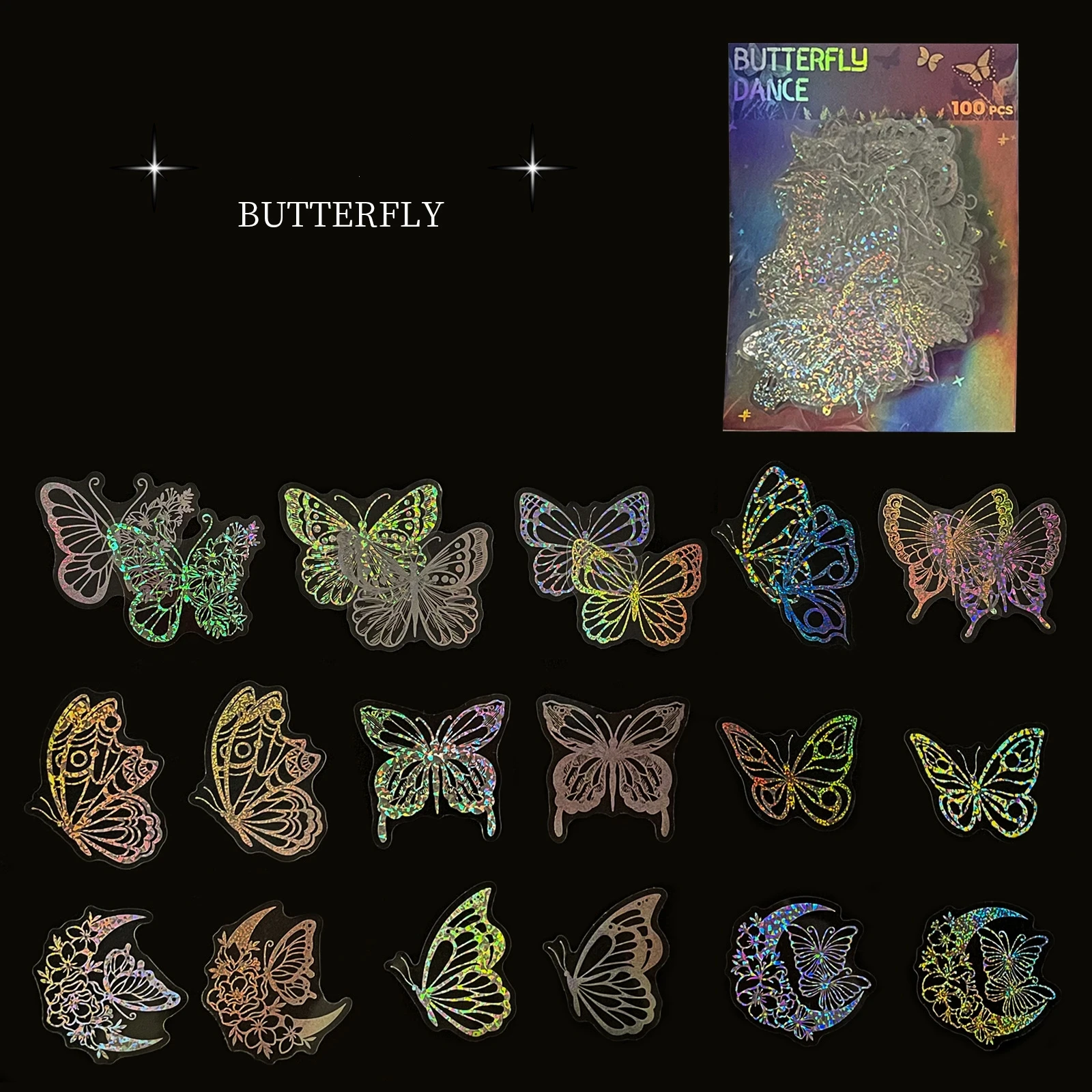 100Pcs Holographic Glitter Butterfly Stickers Set, Vintage Waterproof PET Transparent Decorative Decals,Sticker for Phone Cases
100Pcs Holographic Glitter Butterfly Stickers Set, Vintage Waterproof PET Transparent Decorative Decals,Sticker for Phone Cases