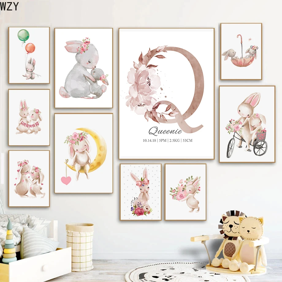 Custom Name Wall Print Nursery BabyPoster Girl Personalized Flower Gift For Kids Wall Art Bunny Rabbit Canvas Painting Pictures
Custom Name Wall Print Nursery BabyPoster Girl Personalized Flower Gift For Kids Wall Art Bunny Rabbit Canvas Painting Pictures