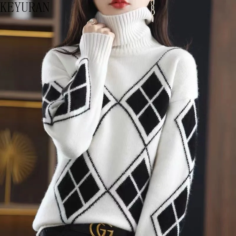 2021 Autumn Winter Turtleneck Knitted Sweater Women Geometric Pattern Argyle Pullover Loose Oversize Woman Sweaters Jumper Mujer
2021 Autumn Winter Turtleneck Knitted Sweater Women Geometric Pattern Argyle Pullover Loose Oversize Woman Sweaters Jumper Mujer