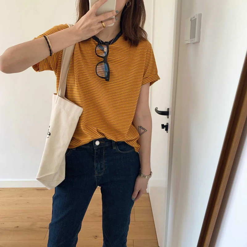 T-shirt Women Striped Soft O-neck Summer New Arrive Loose All-match Tops Short Sleeve Female Street Wear Casual Fashion Bf Ins
T-shirt Women Striped Soft O-neck Summer New Arrive Loose All-match Tops Short Sleeve Female Street Wear Casual Fashion Bf Ins