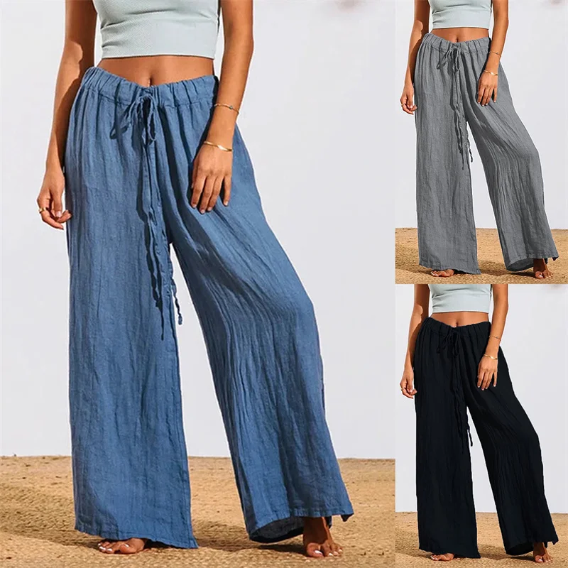 

Модные прямые брюки, однотонные потертые свободные брюки на шнуровке в стиле Харадзюку, летние женские брюки, повседневные широкие брюки со средней талией