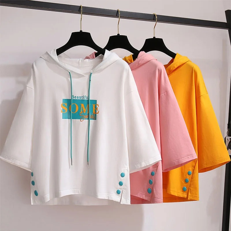 Women Hoodies T-shirt Letter Printed Summer Short Sleeve Hooded Shirt Loose Casual Tees Buttons Female Fashion Pullover Tops
Women Hoodies T-shirt Letter Printed Summer Short Sleeve Hooded Shirt Loose Casual Tees Buttons Female Fashion Pullover Tops