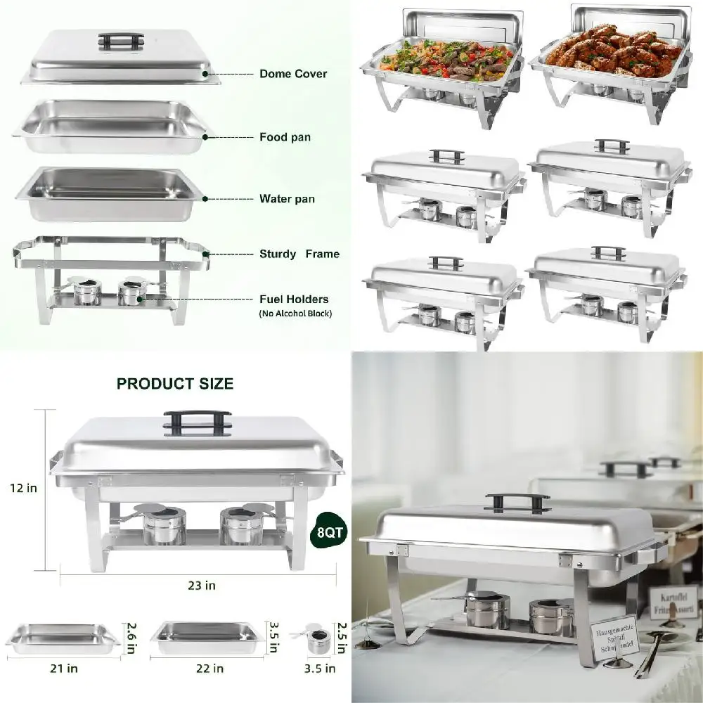 

Dish Buffet Set 6 Packs 8Qt.Rectangular Stainless Steel Foldable Buffet Chafer Set with Pans, Fuel Holder