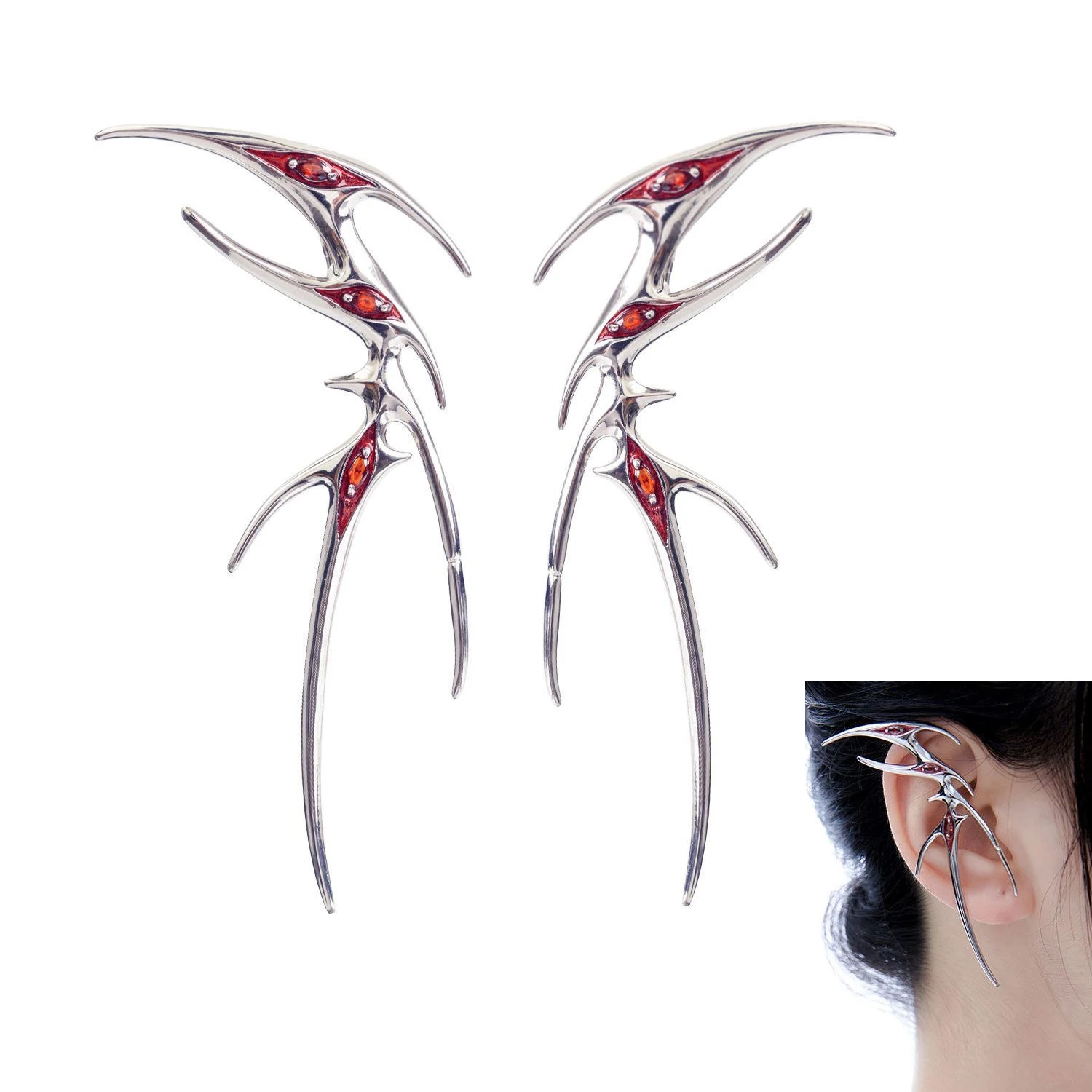 

Cyberpunk Hip Hop Gothic Punk Butterfly Ear Clip Women Fashion Red Rhinestones Elf Cosplay Earrings Party Jewelry Accessories