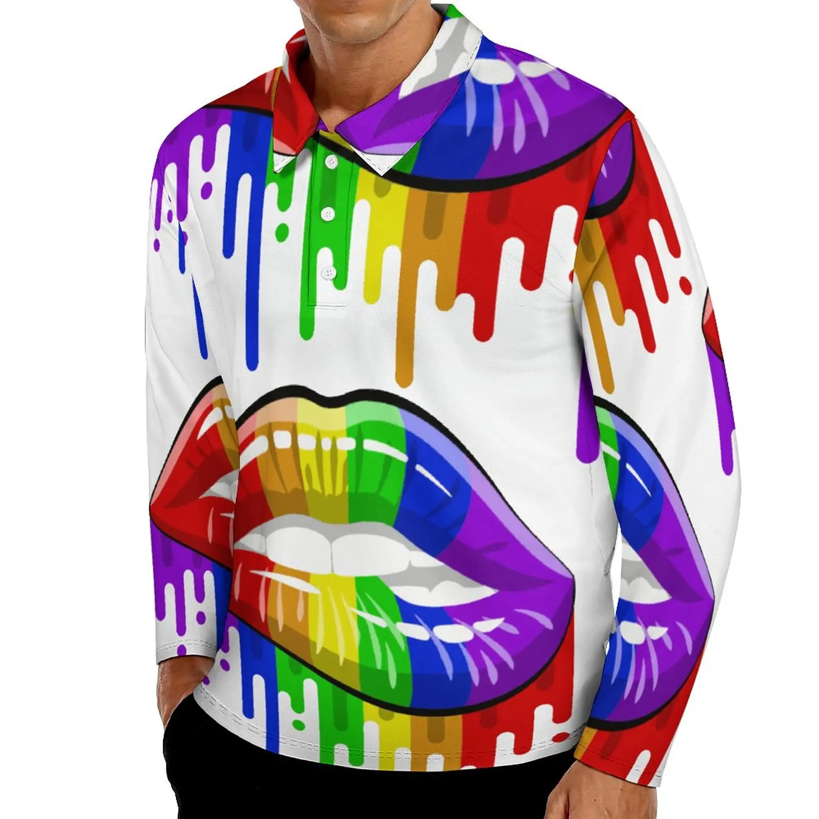 

LGBT Lips in Rainbow Flag Colours Casual T-Shirts Pride Polo Shirt Men Vintage Shirt Spring Long Sleeve Print Clothes Large Size