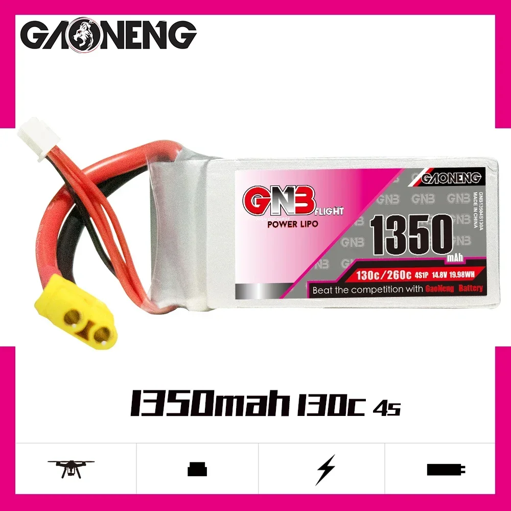 

Gaoneng GNB 1350mAh 4S1P 14.8V 130C/260C Lipo Battery XT60 Plug For 250 Size 3D FPV Racing Drone Quadcopter Multirotor Parts