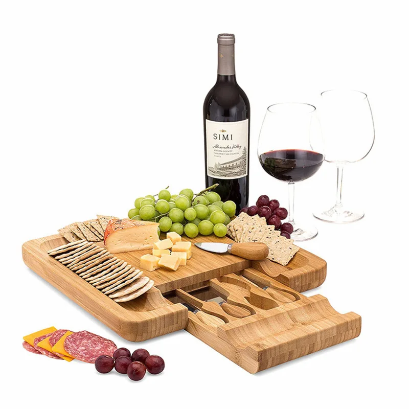 

Bamboo Cheese Board with Cutlery Wood Charcuterie Platter Serving Meat Board with Slide-Out Drawer with 4 knife A9269