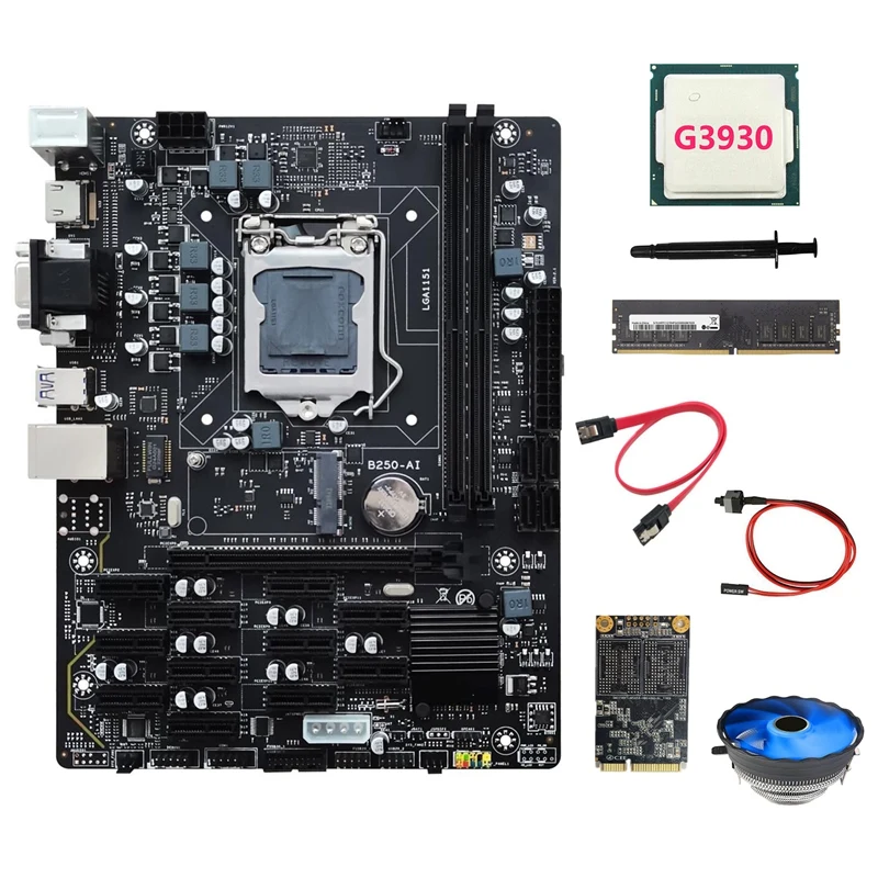 B250 V2.1 ETH Miner Motherboard 12PCIE+G3930 CPU+DDR4 8GB RAM+128G MSATA SSD+Fan+SATA Cable+Switch Cable+Thermal Grease
B250 V2.1 ETH Miner Motherboard 12PCIE+G3930 CPU+DDR4 8GB RAM+128G MSATA SSD+Fan+SATA Cable+Switch Cable+Thermal Grease