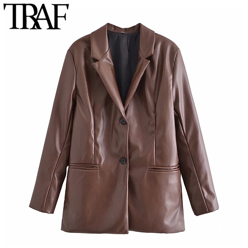 TRAF Women Fashion Single Breasted Faux Leather Blazer Coat Vintage Long Sleeve Welt Pockets Female Outerwear Chic Veste
TRAF Women Fashion Single Breasted Faux Leather Blazer Coat Vintage Long Sleeve Welt Pockets Female Outerwear Chic Veste
