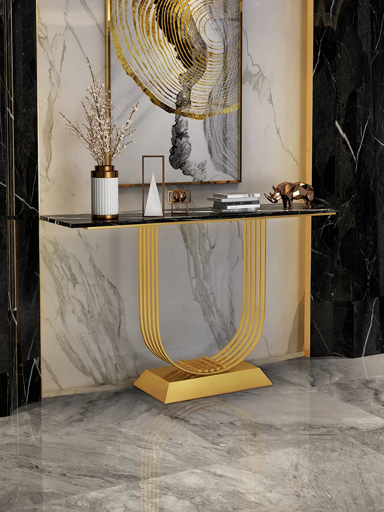 High quality light porch table narrow corridor wall aisle decorative table household stainless steel Italian style marble luxury 
High quality light porch table narrow corridor wall aisle decorative table household stainless steel Italian style marble luxury