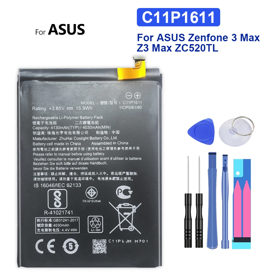 C11P1611 4130mAh Battery For ASUS Zenfone 3 Zenfone3 Max Z3 ZC520TL Rechargeable Batteria + Free Tools
C11P1611 4130mAh Battery For ASUS Zenfone 3 Zenfone3 Max Z3 ZC520TL Rechargeable Batteria + Free Tools