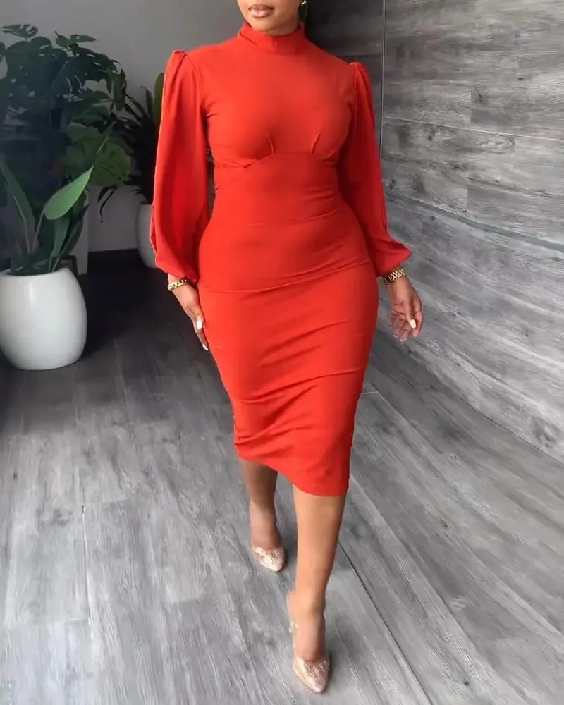 Женское облегающее платье миди с длинным рукавом, высокой талией и буффами
Женское облегающее платье миди с длинным рукавом, высокой талией и буффами