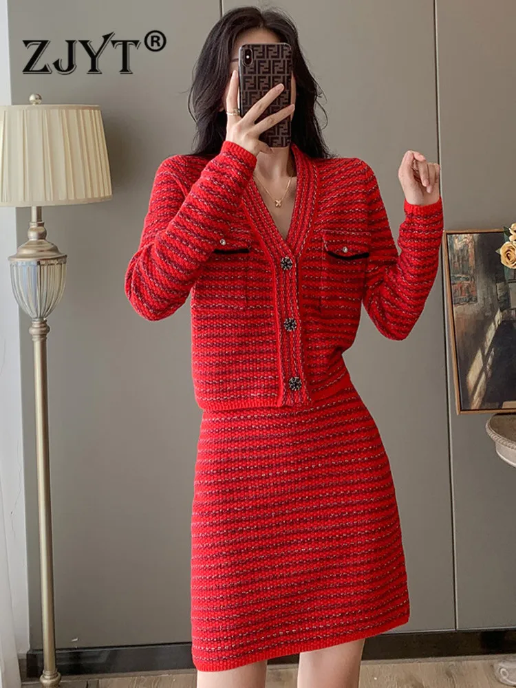 ZJYT Autumn Winter Fashion Striped Knitted Dress Suit Party Women Long Sleeve Sweater Skirt Set 2 Piece Outfit Red Casual Basics
ZJYT Autumn Winter Fashion Striped Knitted Dress Suit Party Women Long Sleeve Sweater Skirt Set 2 Piece Outfit Red Casual Basics