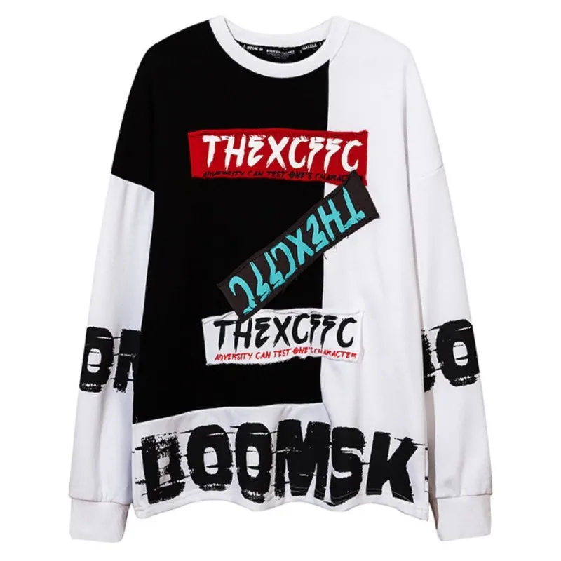 

2023 Autumn And Winter Man New Korean Hip Hop Fashion O-Neck Sweatshirts Loose High Street Splicing Applique Sweatshirts