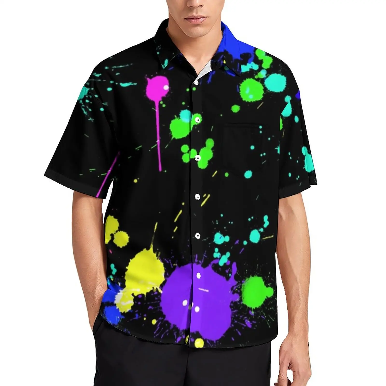 

Neon Paint Splatter Casual Shirts Abstract Graffiti Vacation Shirt Summer Vintage Blouses Men Graphic Plus Size