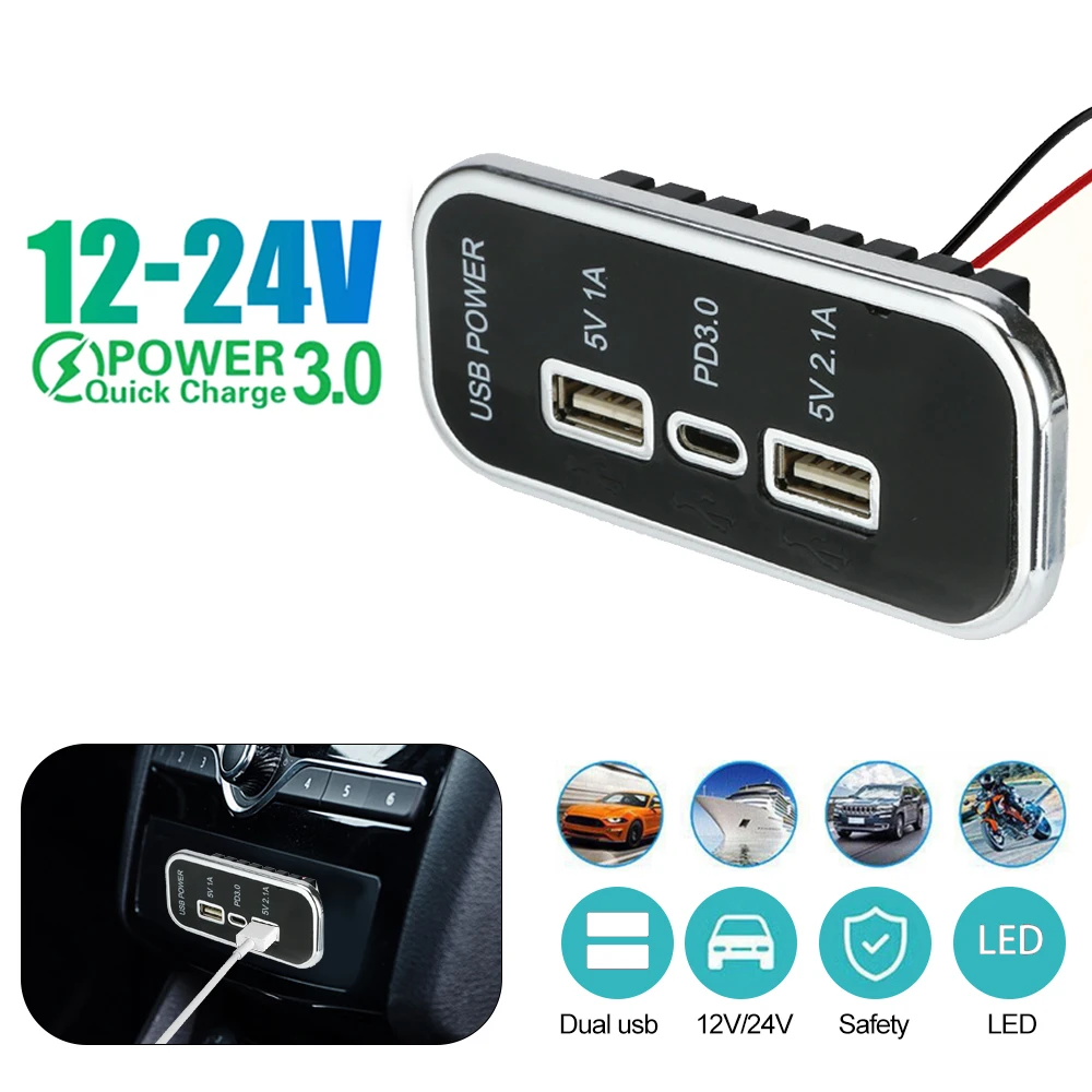 35.5W 3 Port PD Type-C 2.1A 1A Dual USB Car Charger Socket for Motorcycle Auto Truck ATV Boat RV Bus Power Adapter Outlet 12/24V
35.5W 3 Port PD Type-C 2.1A 1A Dual USB Car Charger Socket for Motorcycle Auto Truck ATV Boat RV Bus Power Adapter Outlet 12/24V