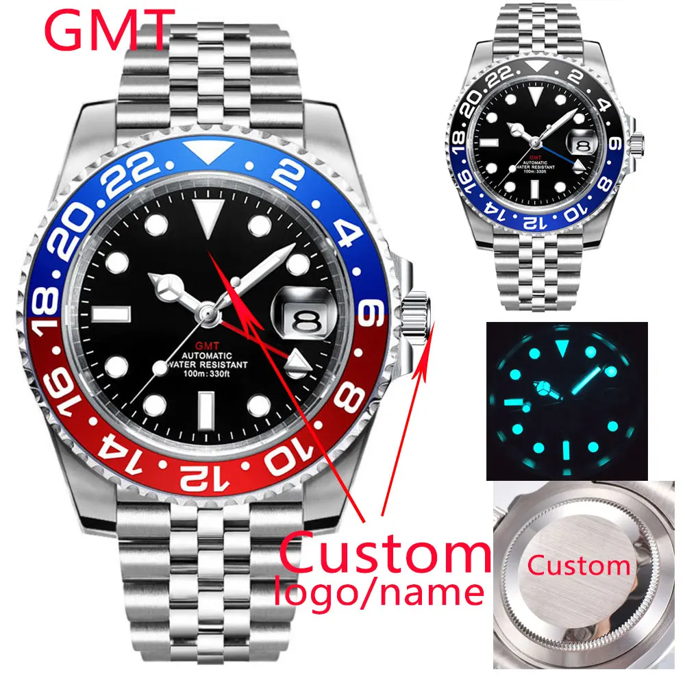 New Luxury Men Custom Logo Mechanical Wristwatch Luminous GMT Watch Top Brand Sapphire Glass 10Bar Male Clock Reloj Hombre |